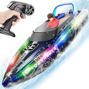 RC Boat with LED Lights, 40+ Mins, Self-Righting Waterproof Remote Control Boat for Pools, Lakes, Bathtubs, Summer Water Toys for Kids, Radio Controlled Watercraft (Blue)
