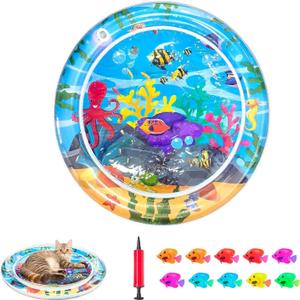 Inflatable Cat Dog Baby Water Mat Toy, [Newly Upgraded, 2 Layers Thickened] Premium Anti-Scratch Leak Proof Mat, with Floating Fish for Indoor Kitten Cats & Kids to Swatting Exercise Hunting (Octopus)