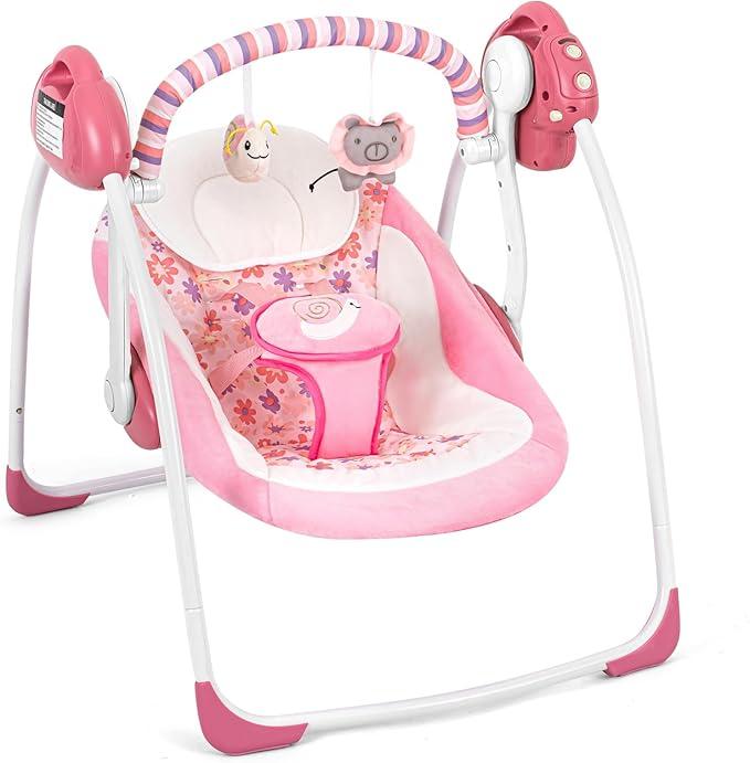 Baby Swings for Infants, Tiny Marvels Portable Swing with Adaptable Speed, Music, Removable-Toy-Bar, Foldable Infant Swing for Indoor and Outdoor Use, 0-9 Months 6-20 lbs(Blush Bloom)