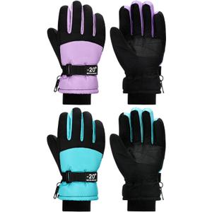 SATINIOR 2 Pairs Kids Waterproof Winter Snow Gloves Ski Gloves for Boy Girl Outdoor Warm Thickening Snowboar (8-12 Years, Light Purple, Cyan)
