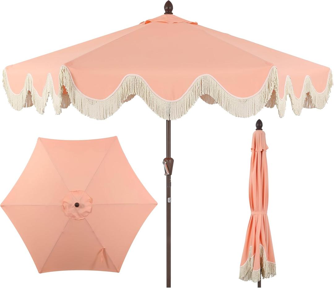 JONATHAN Y UMB1001F Collins 9 ft. Classic Cottage Tassel Market Patio Umbrella with Auto-Tilt, Crank, Wind Vent and UV Protection in Coral Pink/Cream