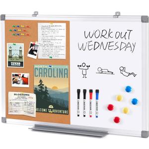 S SWANCROWN Dry Erase Board Cork Board Combo, 24"x18" Magnetic White Board and Bulletin Pin Board Combination,Hanging Wall Mounted Vision Board for Home, School, Office,Silver Frame