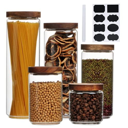 Flrolove Glass Canisters With Wooden Lids Kitchen Jars for Storage,Tea,Sugar and Coffee Container Set,Set of 5 Canisters for Candy, Cookie, Rice and Spice Jars
