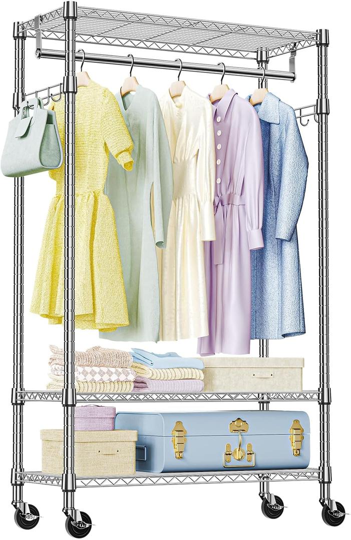 IZEUK Heavy Duty Rolling Garment Rack Wire Clothes Rack for Hanging Clothes (Chrome, 3 Tier with 2 Rod, 29.5" W x 15.7" D x 75" H)