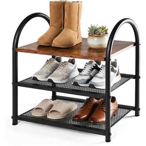 3-Tier Shoe Rack, Rustic Wood Look Shoe Organizer with Metal Frame and Mesh Shelves, Space-Saving for Entryway, Hallway, Bedroom (17.32" L x 10.24" W x 17.13" H)
