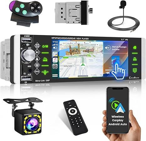 Roinvou Single Din Car Radio Stereo with Carplay Android Auto, 5.1 Inch Touch Screen Bluetooth Radio, Support FM Mirror Link Backup Camera Fast Charging Remote Control SWC