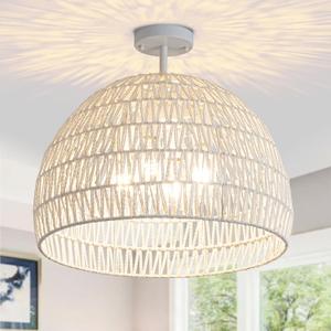 Rattan Ceiling Light Fixture, 4-Light Boho Semi Flush Mount Ceiling Light, 20" Wicker Light Fixture with Handmade Woven Cage Lampshade, Rattan Chandelier for Bedroom Hallway Nursery Kitchen Farmhouse