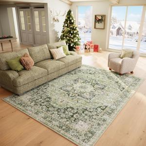 69 Machine Washable Rug for Living Room, Boho Vintage 69 Area RugDistressed Accent Low Pile Ultra Soft Large Carpet for Bedroom Bathroom Dining Room, Floral/Green (6x9)