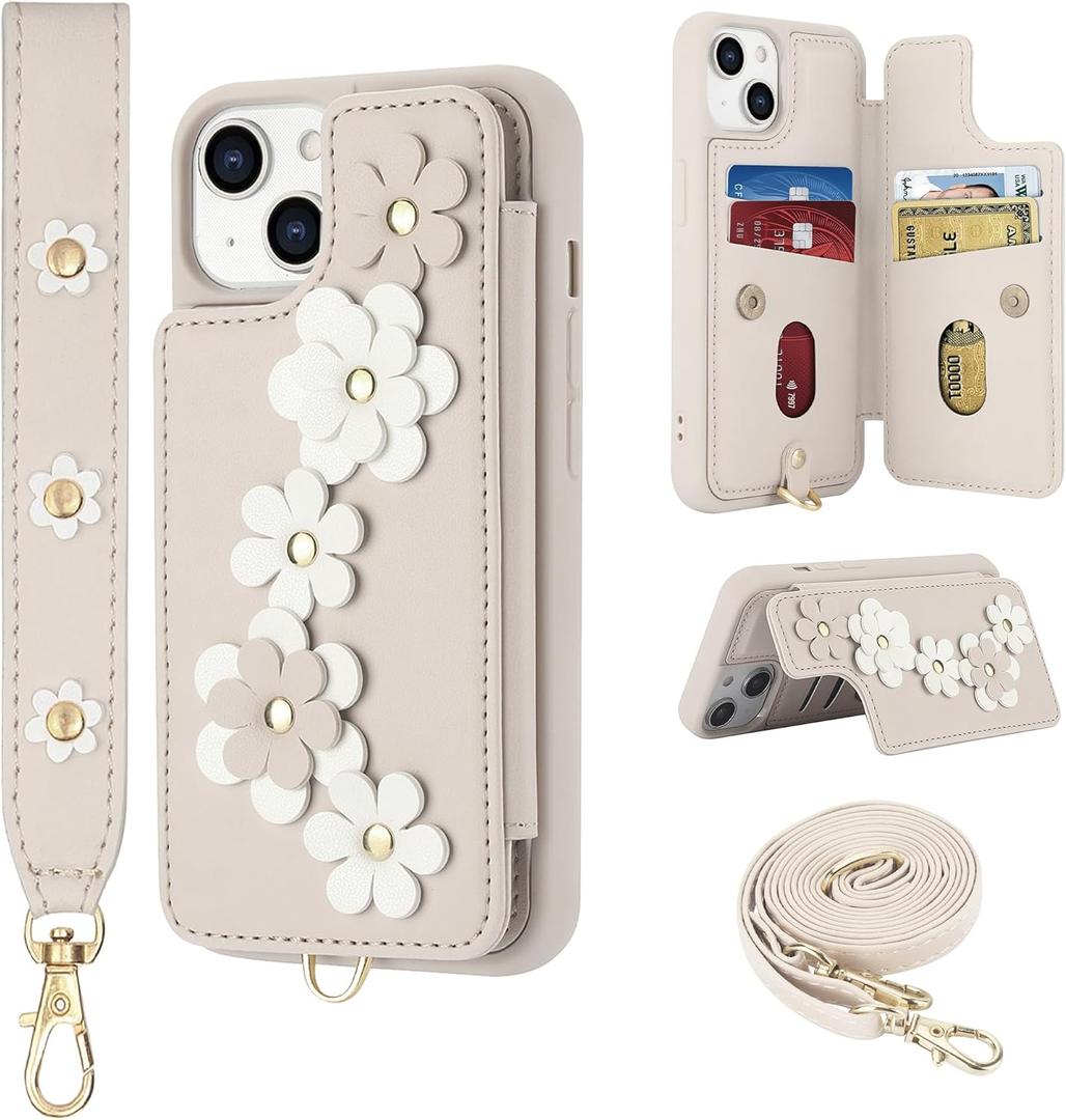 Compatible with iPhone 13 / iPhone 14 Wallet Case with Card Holder for Women, Kickstand, Crossbody Lanyard, Wrist Strap Flower Leather Flip Cover Designed for iPhone 13/14 6.1", Beige