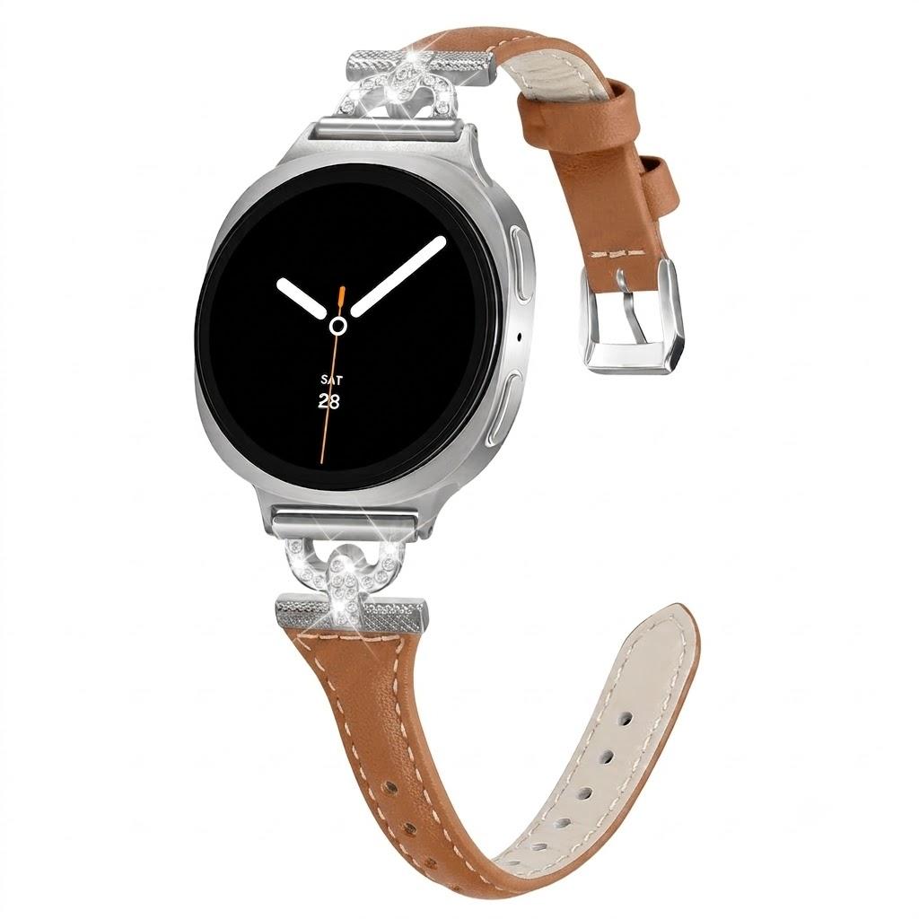 HAYONLIY Slim Leather Band Compatible for Samsung Galaxy Watch 8 40mm 44mm/Galaxy Watch 8 Classic 46mm,Dressy Metal D-Shape Diamonds Genuine Leather Strap for Women, Brown