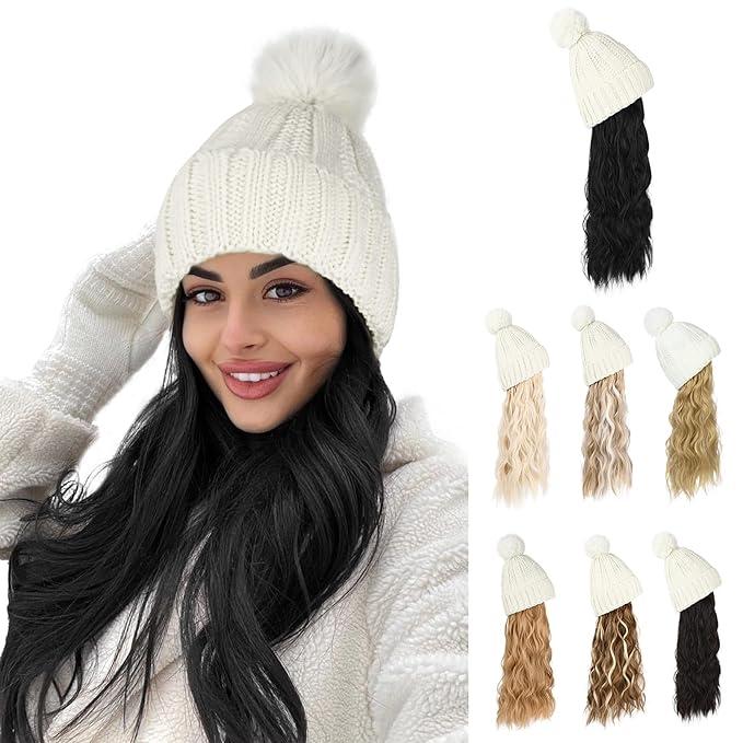 Lansigreen Hat Wig Beanie Hat with Hair Long Wavy Extensions Knit Pom Pom Hat Attached 20" Synthetic Removable Hairpiece for Women Winter Natural Black