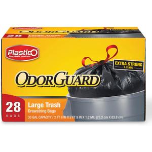 Plastico Large Trash Bags - 30 Gallon, Black, 28 Garbage Bags, Extra Strong, Easy Drawstrings - Odor Guard Control, Unscented, 1.2 Mil Thick Plastic