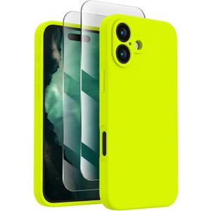 FireNova Designed for iPhone 16 Case, Silicone Upgraded [Camera Protection] Phone Case with [2 Screen Protectors], Soft Anti-Scratch Microfiber Lining Inside, 6.1 inch, Fluorescent Green