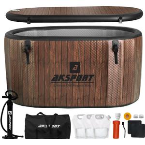 AKSPORT Ice Bath Tub for Athletes, 151 Gallons Inflatable Cold Plunge Tub Compatible with Water Chillers, Icebath for Recovery & Cold Water Therapy, Portable Bathtub for Indoor & Outdoor-Wood (Brown)