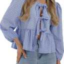 PRETTYGARDEN Women's Spring Fall Babydoll Peplum Blouse Shirt Puff Long Sleeve Bow Tie Front Trendy Cute Y2K Going Out Tops (Blue)