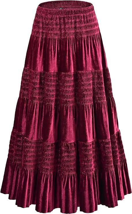 Women's Velvet Pleated Midi Skirt Elastic High Waist Fall Winter Tiered A-Line Party Long Skirts, Burgundy, XL