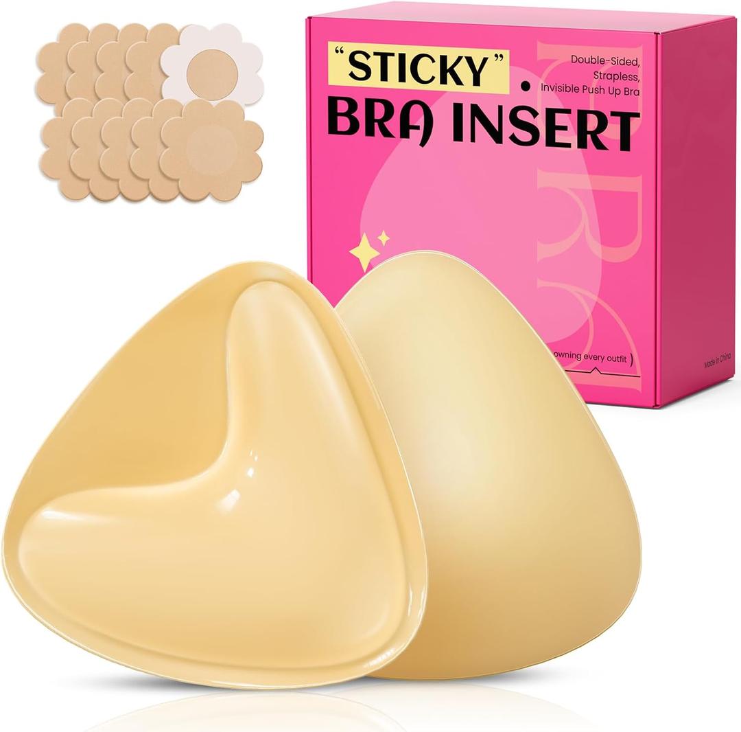 Double Sided Sticky Bra Inserts, Invisible Push Up Sticky Bra Pads for Large Breasts, Stick on Bra for Bikini Swimsuits (Medium, Beige)