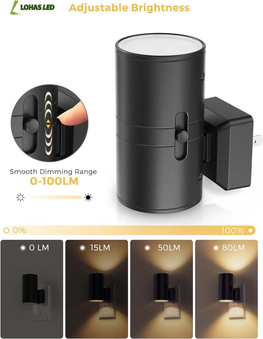 L LOHAS LED Night Light Plug in, Modern Night Lights Plug into Wall, Dusk to Dawn Sensor, Soft White 3000K, 0-100LM Adjustable Brightness, Dimmable Night Lights for Hallway Bedroom Stairway, 1 Pack