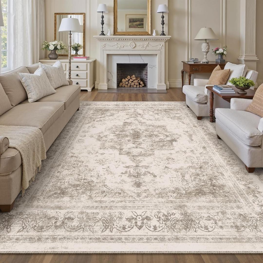 Area Rug 8x10 Beige Washable Living Room Carpet Non Slip Vintage Medallion Indoor Bedroom Carpet Low Pile Soft Retro Distressed Large Rug Home Office Dining Room Playroom
