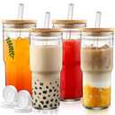 DWTS DANWEITESI Mason Jar with Lid and Straw,24 oz Iced Coffee Cup with Bamboo Lid and Straw,Boba Cups Smoothie Tumbler-Wide Mouth Reusable Glass Cups with Lid and Straws【4 Pack】