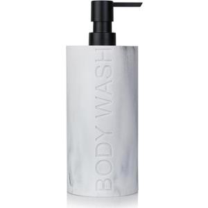 Resin White Marbled Body Wash Engraved Bottle Refillable Pump Dispenser, Durable Waterproof Construction for Bath, Shower - Resin White Marble - Matte Black Pump