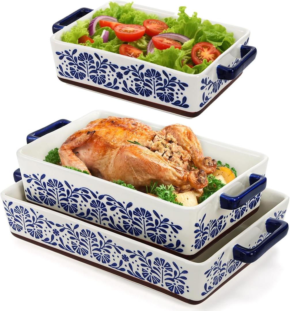 SOUJOY 3 Pack Rectangular Ceramic Baking Dish Set for Oven, Hand-Painted Floral Design Non-Stick and Stackable Casserole Dish with Dual Handles for Kitchen, Banquet and Daily Use