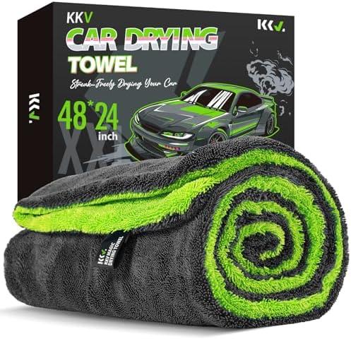 KKV Full-Sized SUV Drying Towel, 48”x24” Dual Sided Microfiber Car Cleaning Towel with Twisting Yarn Technique, 1400GSM Super Absorbent, Scratch-Free, Machine Washable (Darkgray-GreenYellow)