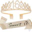 16th Birthday Tiara and Sash Kit- "Sweet 16"Birthday Decorations 16th Birthday Party Gifts Birthday Party Supplies for Girls (gold)