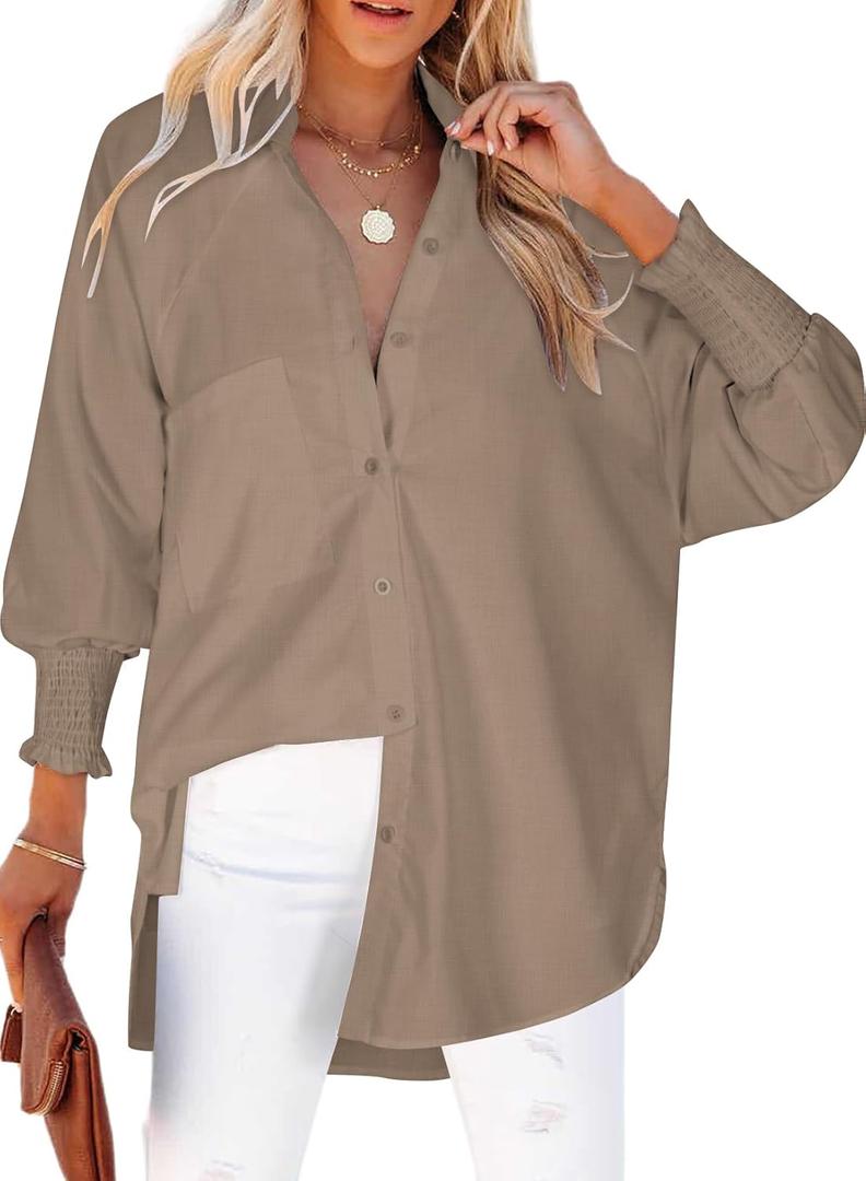 Wolddress Women's Striped Button Down Shirts Smocked Long Sleeve V Neck Summer Coverup Blouse Tops