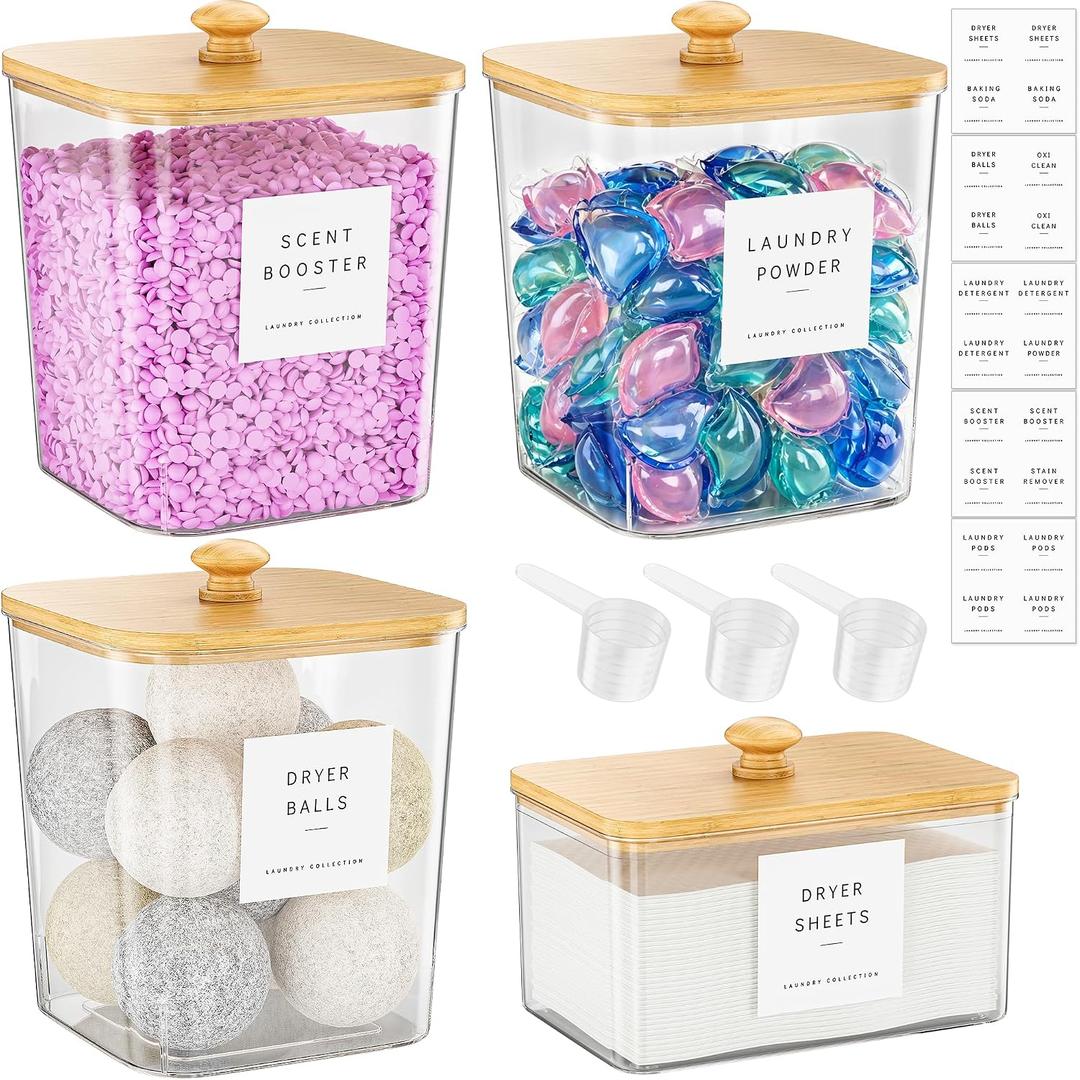 4 Pack Bamboo Laundry Pods Container, Clear Laundry Room Organization Containers,Large Laundry Detergent Powder Storage Containers Lids & Labels, Acrylic Laundry Pods Holder for Scent Booster