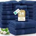 LANE LINEN 24 PCs Bath Towel Set - 2 Bath Sheets, 4 Bath Towels, 4 Fingertip, 8 Washcloths, 6 Hand Towels - 100% Ring Spun Cotton - Highly Absorbent Towels for Bathroom, Gym, Hotel & Spa - Navy Blue, 24 Piece Family Towel Set