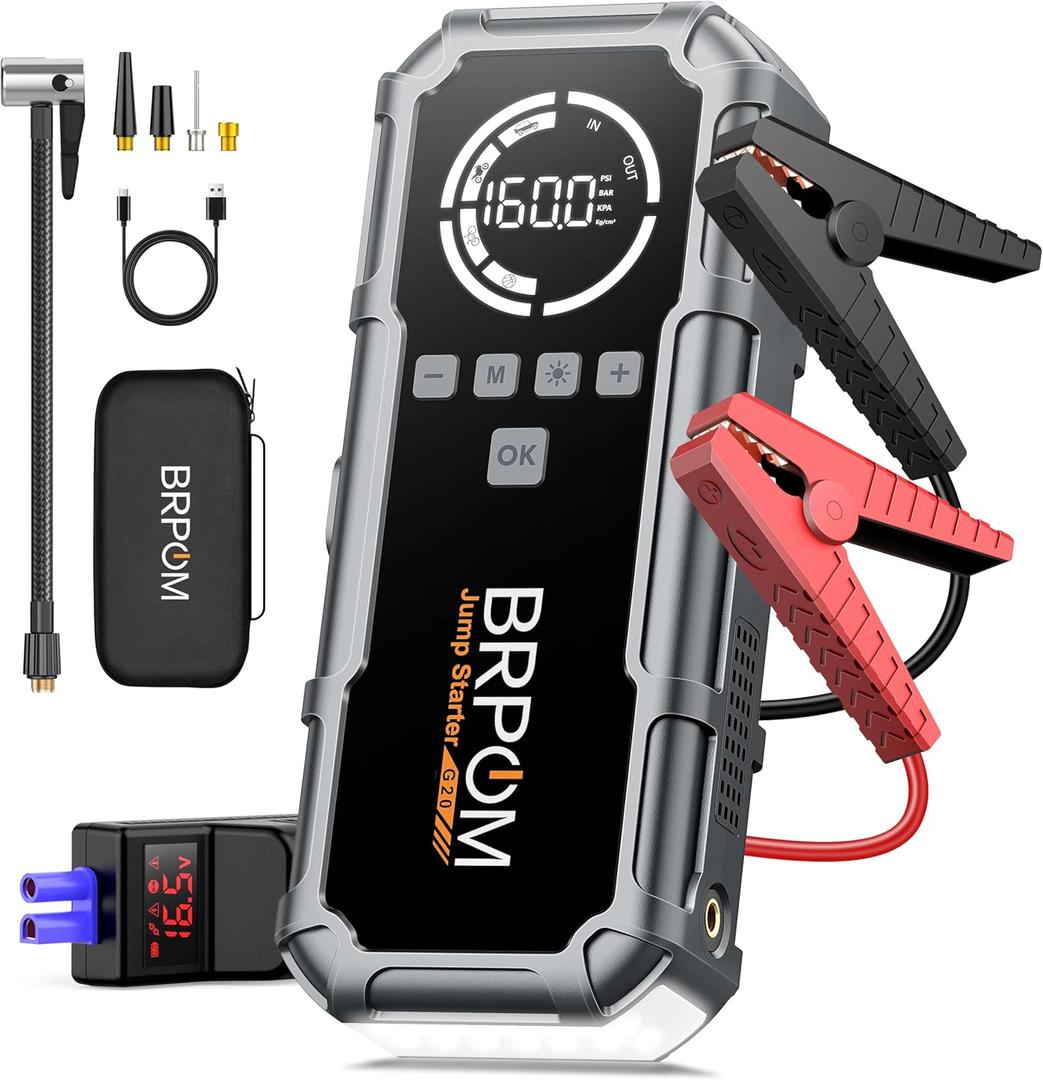 Jump Starter with Air Compressor, BRPOM 8000A Portable Car Jump Starter (All Petrol/12L Diesel), 160PSI 12V Battery Jump Starter Power Pack with Jump Clamps, LCD Screen, 600 Lumens Emergency Light