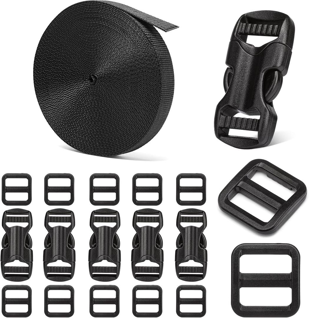 BEYOURD 5/8" Buckle and Strap Set: 6 Yards of Thick Nylon Webbing, 6 Pack Quick Side Release Adjustable Plastic Buckles, 12 Tri-Glide Slide Clips, Black (5/8 Inch Combo Set)