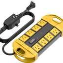 CCCEI GFCI Outdoor Power Strip Weatherproof with 8 AC, Waterproof Extension Cord with Multiple Outlets, Wall Mount Surge Protector Flat Plug, Christmas Exterior Garden, Yard, 6FT, Yellow.