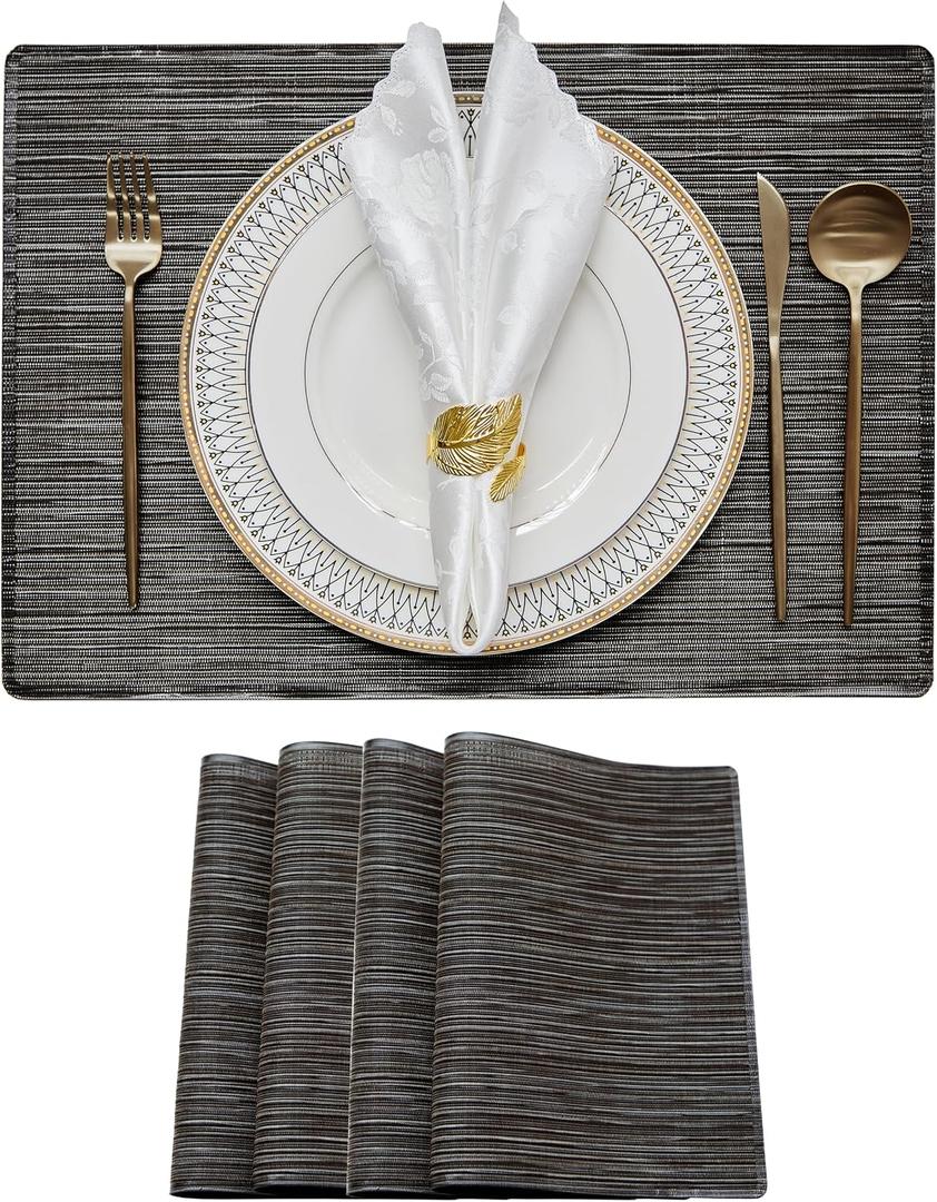 2 x Vinyl Placemats Set of 4, Easy Clean Woven Vinyl Placemats for Dining Table, Indoor/Outdoor Place Mats, Washable PVC Table Mats, Black, 4Pcs