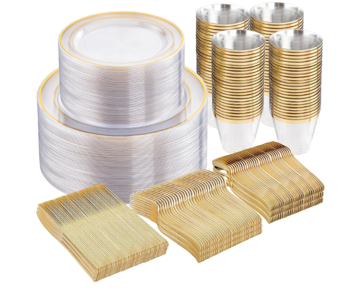 WELLIFE 600pc Gold Trim Plastic Dinnerware Set for Party: 100 Dinner Plates, 100 Dessert Plates, 300 Cutlery, 100 cups