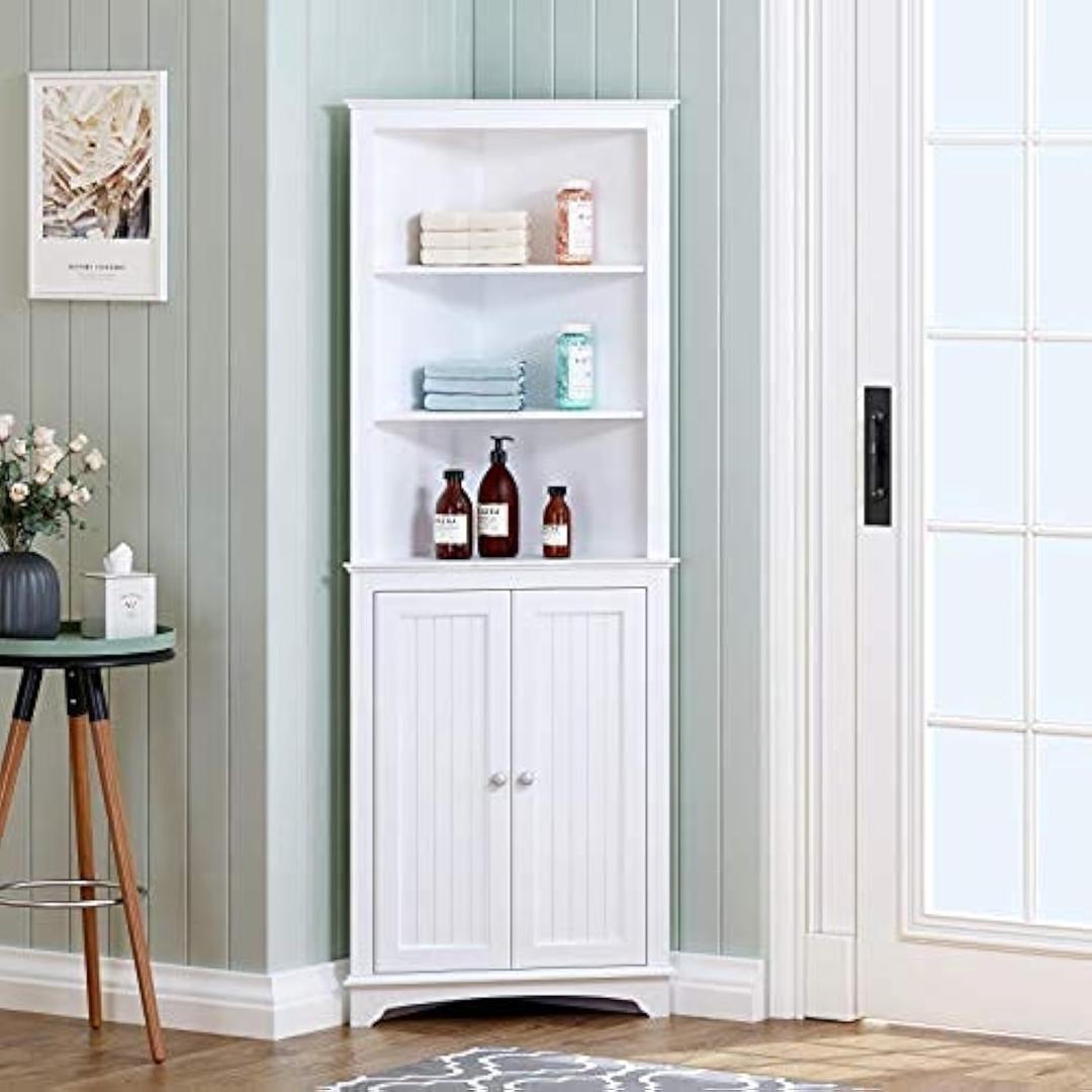 Spirich Tall Corner Cabinet with Doors and Shelves, Freestanding Corner Storage Cabinet for Bathroom, Kitchen, Living Room, White, Medium