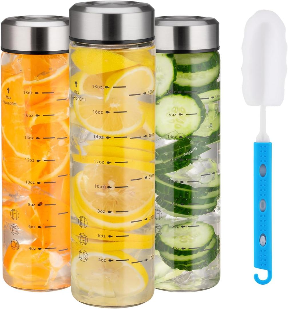weasland Glass Juice Bottles 3 Pack 20 oz-Wide Mouth Water Bottles with Lids for Juicing Reusable Clear Bottles for Smoothie Beverage Storage BPA Free Leakproof Borosilicate