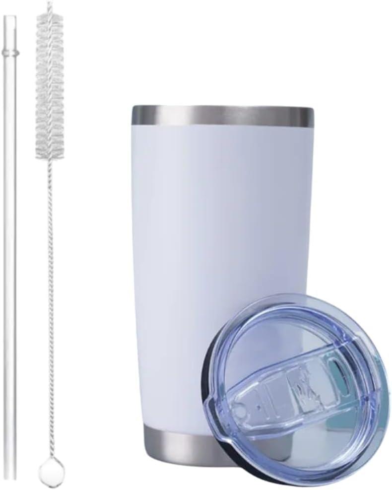 20 oz Stainless Steel Vacuum Insulated Tumbler with double-wall, lid, straw, and straw brush suitable mug for travel, coffee, juice, or water. (White)