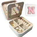 Travel Jewelry Case, Jewelry Organizer Box, Small Travel Jewelry Holder Personalized Birthday Gift Women Girls Teens White Earring Necklace Organizer Case with Mirror Initial N