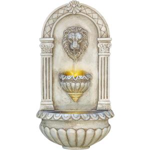 Alpine Corporation TZL160 Indoor/Outdoor Floor Lion Head Wall Fountain with LED Lights, Wall-Mounted Waterfall, 32", Ivory