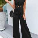 PRETTYGARDEN Women's Summer 2 Piece Outfits 2026 Cap Sleeve V Neck Belted Crop Tops Wide Leg Pant Sets Casual Tracksuit (Black, L)