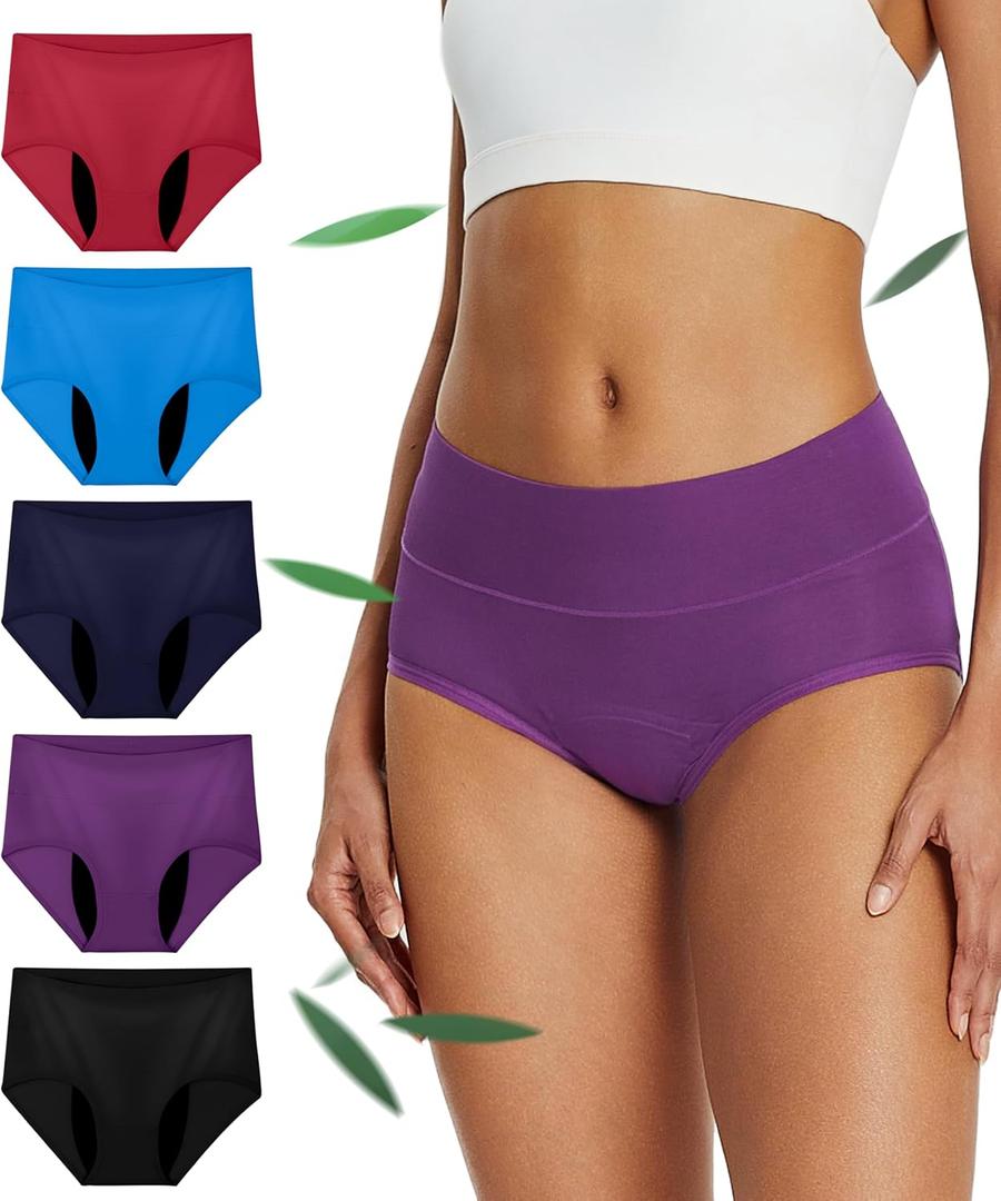 Incontinence Underwear for Women, Leak Proof Reusable Washable Full Briefs for Bladder Leak, Postpartum 5 Pack (Multicolor01, X-Large)