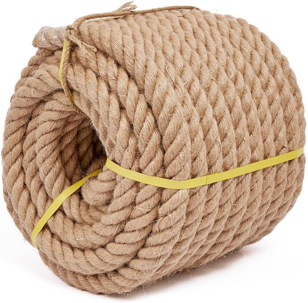 Heavy Duty Jute Rope - 1 1/4 Inch, 100 Feet, Natural Hemp for Crafts, Gardening, Bundling, Climbing, Hammock, Nautical, Tug of War, Railings, Home Decorating