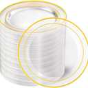 I00000 100PCS Clear Gold Plastic Plates, Clear Dinner Plates with Gold Rim 10 Inch, Fancy Disposable Wedding Premium Plastic Plate for Wedding & Party