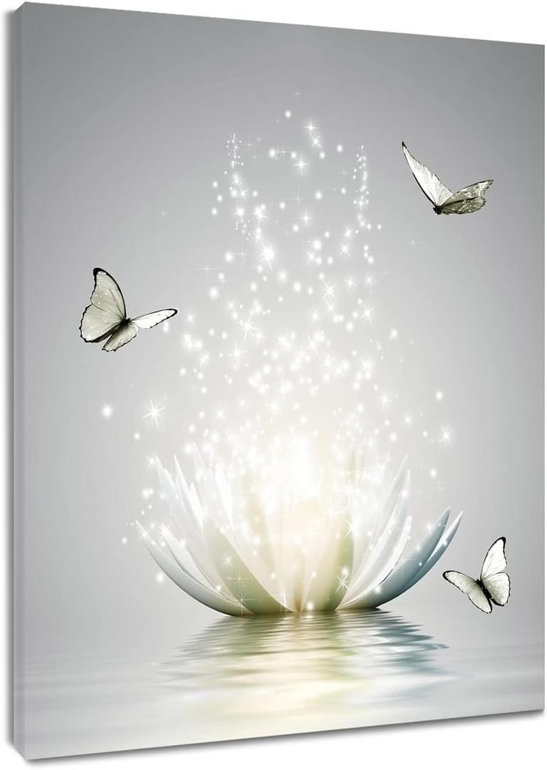 Modern Grey Wall Art for Bathroom Retro Butterfly and White Floral Bloom in Water Abstract Canvas Wall Art Wall Paintings Spa Zen Wall Pictures for Living Room Bedroom Office Ready To Hang,16x24 Inch (24L" x 16W")