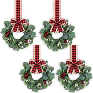 4PACK Mini Christmas Faux Kitchen Cabinet Wreaths with Red Black Plaid Ribbon Artificial Green Leaves Red Berries Hanging Wreaths for Home Front Door Christmas Holiday Indoor Decor