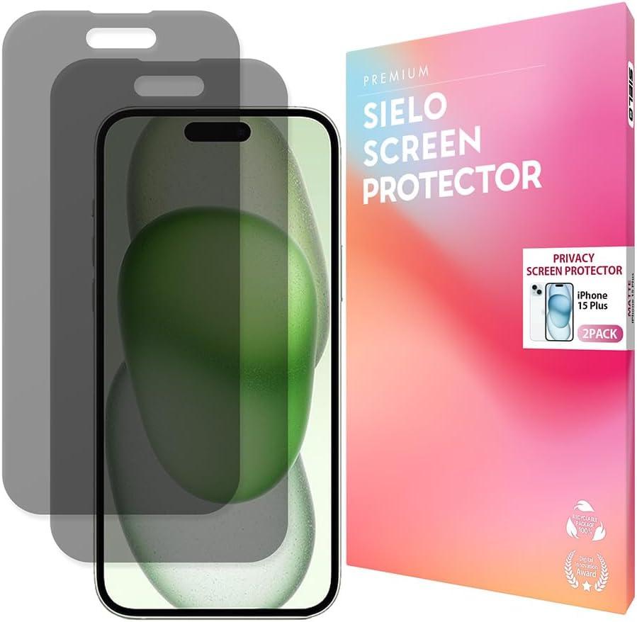 2 x SIELO 2PACK Privacy Screen Protector for iPhone 15 Plus, Anti-Scratch, Anti-Fingerprint, Anti-Shatter, Touch Sensitive, PET Film, Blue Light Block, Easy Install, 9H Hardness