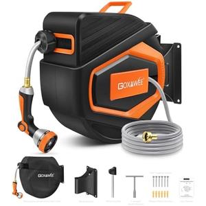GOXAWEE Retractable Garden Hose Reel, 1/2" x 100 ft Upgraded UV Resistant Water Hose Reel Wall Mounted, Any Length Lock, Automatic Rewind, 180°Swivel Metal Bracket, Orange