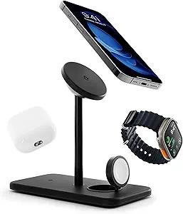 Twelve South HiRise 3 Deluxe, Compact Luxury Wireless Magsafe Charging Stand for iPhone, AirPods and Apple Watch  Includes US Power Supply with 5 Foot Cord, Plus International Plug Adapters, Black